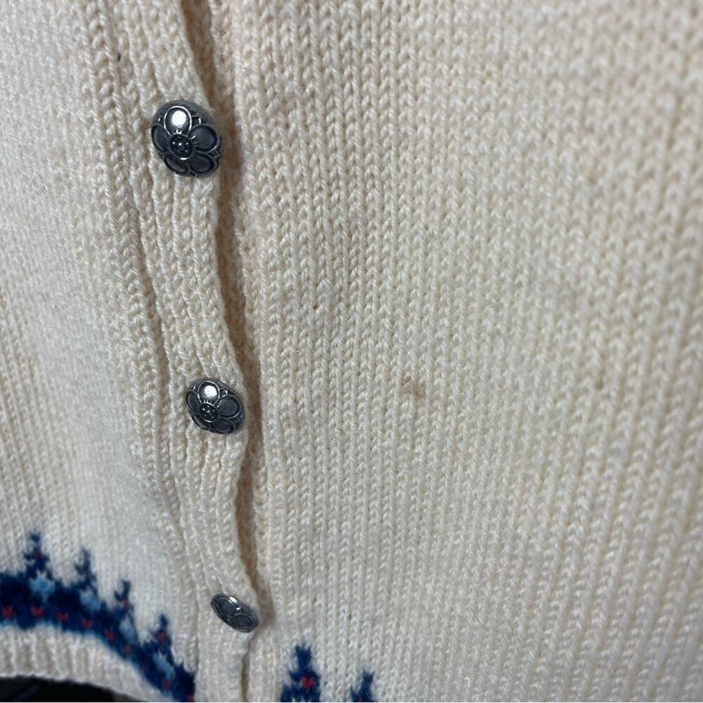 NORSK HUSFLID Vtg 70s Wool Fair Isle Hand knit Fisherman cardigan Blu/Cream, S/M - Picture 8 of 10